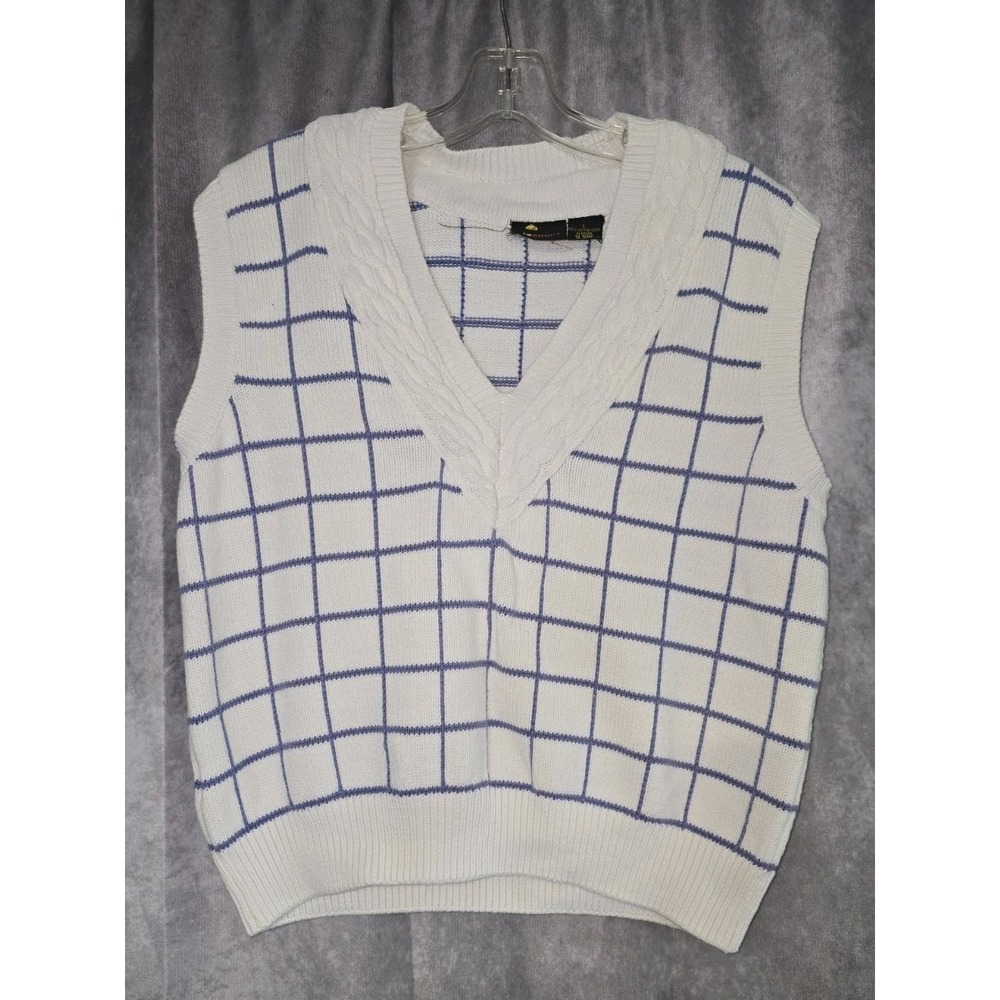 Vtg Lizsport Liz Claiborne Sweater Vest Large White Purple Grid Windowpane Prepp